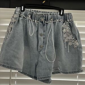 AKIRA Light Blue Pearl Embellished Jean Shorts
